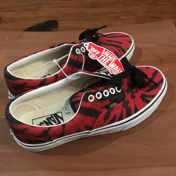 red and black tie dye vans